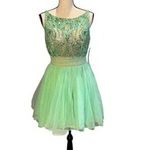 Sherri Hill Mint Green Nude Rhinestone Beaded Tulle Mini Dress